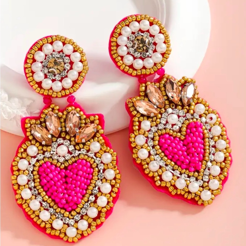 Valentines Hot Pink Heart Rhinestone Seed Bead Dangle Earrings- Snazzy!